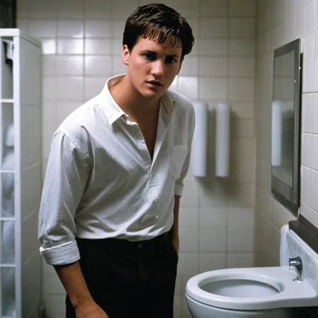 <lora:add-detail-xl:1>
<lora:detailed:0.3>
<lora:perfection style:0.3>
<lora:xl_more_art-full_v1:0.3>
<lora:Donnie Darko film style:1>
Jake a man standing in a bathroom with urinals,solo,short hair,brown hair,shirt,black hair,1boy,standing,white shirt,male focus,pants,indoors,black pants,tiles,bathroom,tile wall,toilet,sink,toilet paper , cinematic, film, Donnie Darko film style