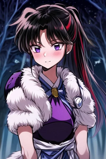 masterpiece, best quality 1girl Setsun4 solo long hair, (night time) forest background black hair very long hair purple eyes multicolored hair armor (fur trim) (medium body),<lora:EMS-179-EMS:0.800000>,<lora:EMS-293862-EMS:0.800000> bow, hair_bow, hair_tubes, red_bow, brown_hair, long_hair, bangs, ascot, frilled_bow, yellow_ascot, blush, smile, hair_between_eyes, athletic, armor, miko