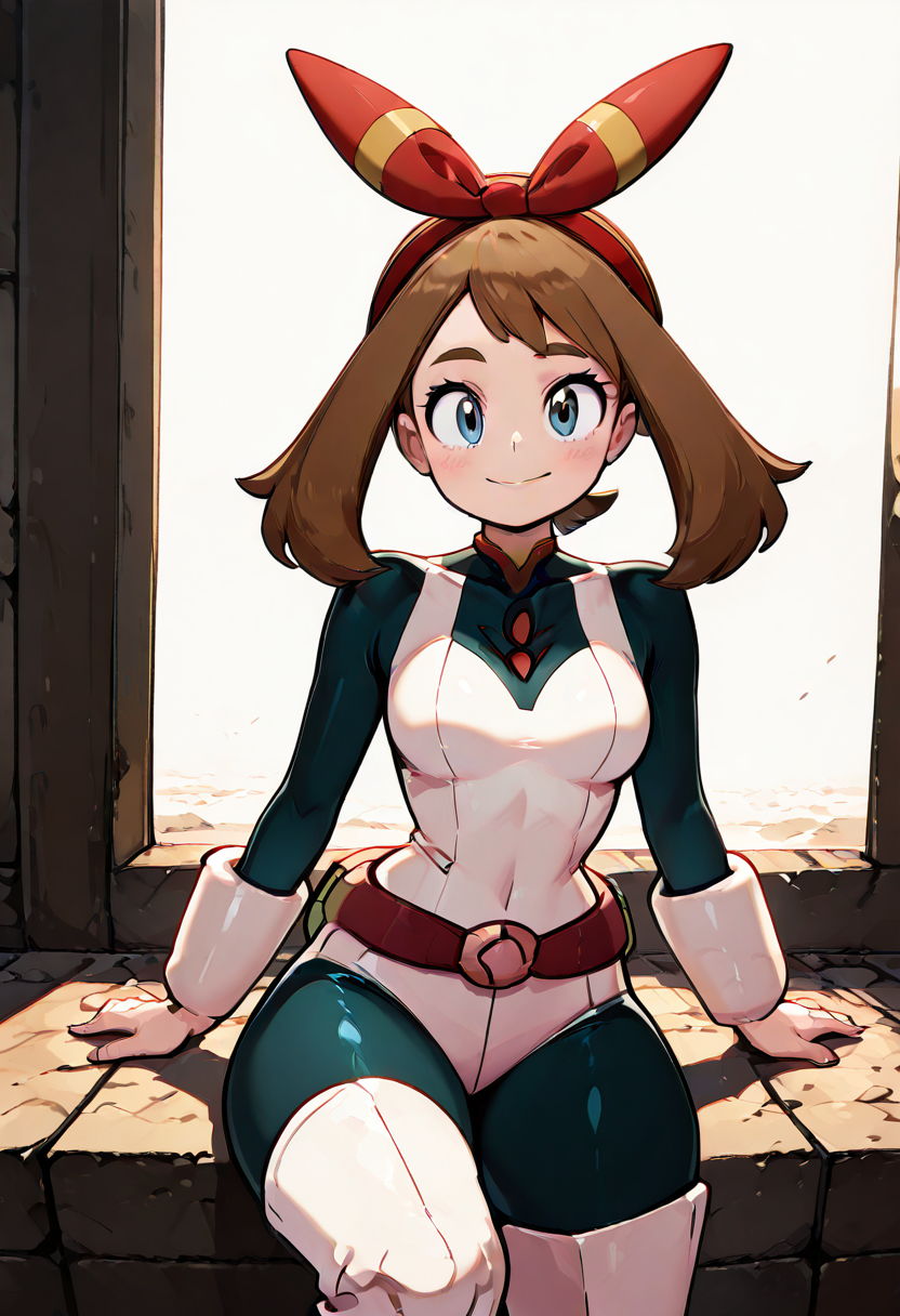 masterpiece, best quality, 1girl, eyelashes, (beautiful eyes), looking at viewer, smile, narrow waist, wide hips,  sitting,  zzMayOchako, blue eyes, brown hair, medium hair, red hairband, knee boots, belt, bodysuit,   (foreshortening),  ,<lora:MayOchakoPokemon_IXL:1.0>, , smile, looking at viewer, cowboy shot,  <lora:DiivesIXL:0.8>,