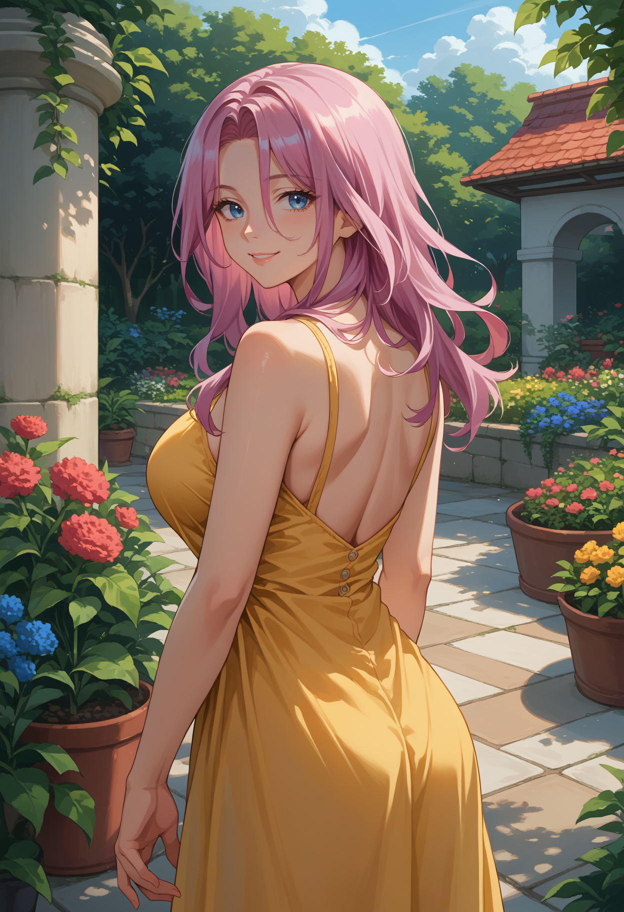 score_9, score_8_up, source_anime, 1girl, solo, ChaJdHSR, blue eyes, pink hair, long hair, large breasts, from behind, yellow sundress, garden, day, sunshine, smile, looking back, <lora:ChamJadeHSRPonyXL:1>