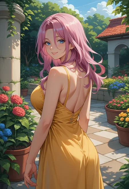 score_9, score_8_up, source_anime, 1girl, solo, ChaJdHSR, blue eyes, pink hair, long hair, large breasts, from behind, yellow sundress, garden, day, sunshine, smile, looking back, <lora:ChamJadeHSRPonyXL:1>