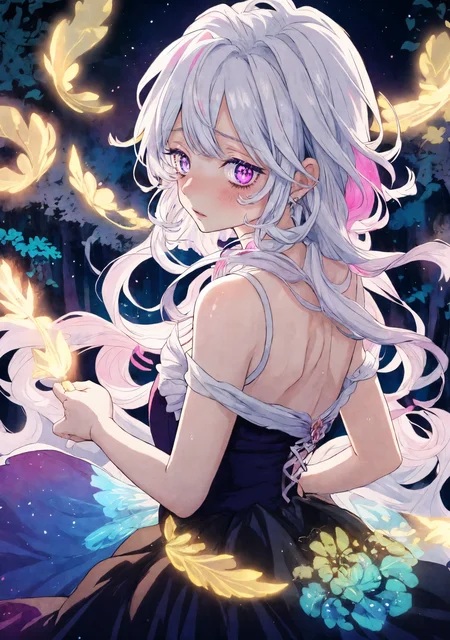 <lora:Eroiroe_style_v01:0.8>
anime screencap, ultra realistic, magical girl, looking back over shoulder, surprised expression, long flowing white hair, dark dress with detailed patterns, ethereal light, night forest, starry sky with colorful nebulae, glowing fireflies, soft moonlight, flawless anatomy, exceptionally detailed hands, stunning and enchanting lighting, bright and fantastical colors
<lora:add_detail:0.4>