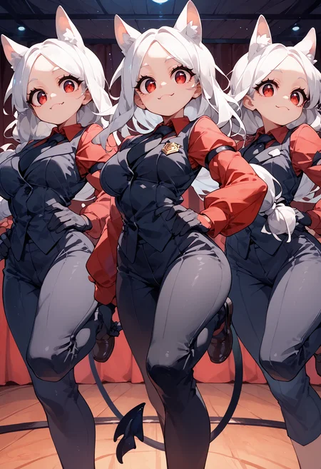 texture score_9, score_8_up, score_7_up, embedding:zPDXL3, source_anime  3girls, htcerberus, cute, white hair, red eyes, low-tied long hair, animal ears, demon tail, red shirt, black necktie, long sleeves, arm garter, black gloves, black vest, waistcoat, large breast, narrow waist, wide hip, black pants,  indoor, on stage, kickline, dancing top down close-up, <lora:Pony\char\helltaker_cerberus_ponyXL.safetensors:0.9:0.9> <lora:Pony\style\oppai_v0.1-pony.safetensors:0.6:0.6> <lora:Pony\style\[Artist] Bongf_Geekpower [PDXL].safetensors:0.7000000000000001:0.7000000000000001> <lora:Pony\pose\kickline.safetensors:1.0:1.0>