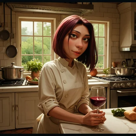 score_9, score_8_up, score_7_up, score_6_up, score_5_up, score_4_up, ColetteRat, in a kitchen, drinking wine