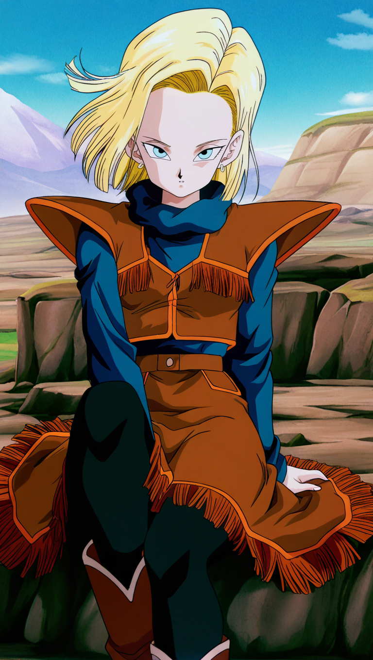 source_anime, masterpiece, best quality, amazing quality, anime screencap, high quality, 8k, absurdres, official style, 1girl, solo, looking at viewer, sitting, hair flowing in wind, <lora:Android_18_Z_iL:1>, 4ndr01d 18, blue eyes, blonde hair, short hair, western outfit, brown vest, blue undershirt, long sleeves, turtleneck, brown skirt, cowgirl boots, black pantyhose, jewelry, earrings,