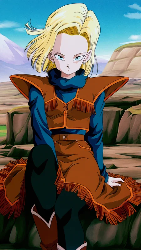 source_anime, masterpiece, best quality, amazing quality, anime screencap, high quality, 8k, absurdres, official style, 1girl, solo, looking at viewer, sitting, hair flowing in wind, <lora:Android_18_Z_iL:1>, 4ndr01d 18, blue eyes, blonde hair, short hair, western outfit, brown vest, blue undershirt, long sleeves, turtleneck, brown skirt, cowgirl boots, black pantyhose, jewelry, earrings,