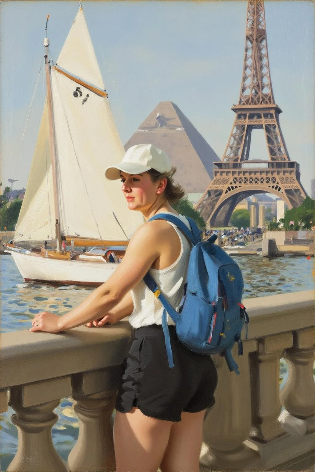 anderszorn1 painting.
a woman in a white tank top and black shorts. She is wearing a white baseball cap. She has a blue backpack on her back. Behind her is the Eiffel tower. To the left of the woman is a white sailboat. Behind the sailboat is a pyramid
<lora:anderszorn2_cap_d6a3:1.0><lora:836657525010050256:0>