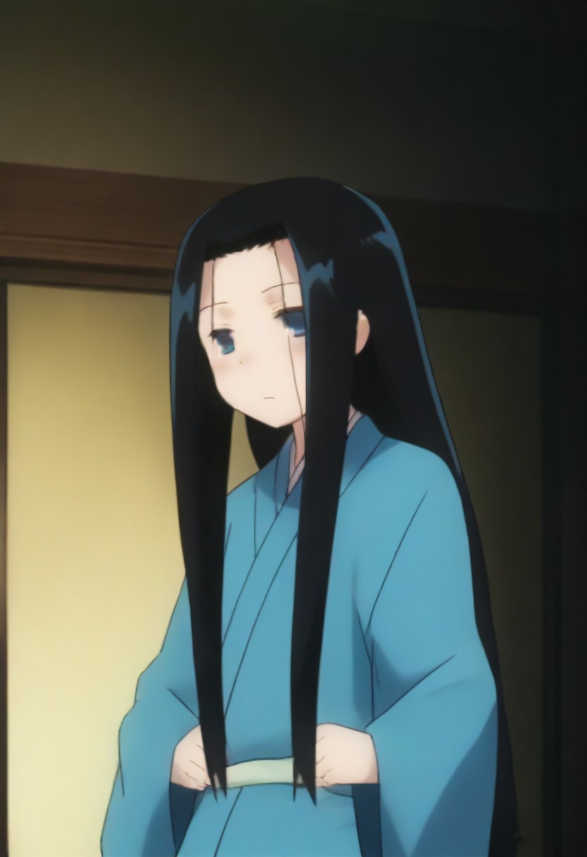 Masterpiece, Top Quality, source_anime, anime screencap, source_anime, auratheguillotine, anime screencap, masterpiece, source_anime, shiny skin,,,,anrakutei, blue_eyes, black_hair, very_long_hair, blue_kimono, long_sleeves, wide_sleeves,