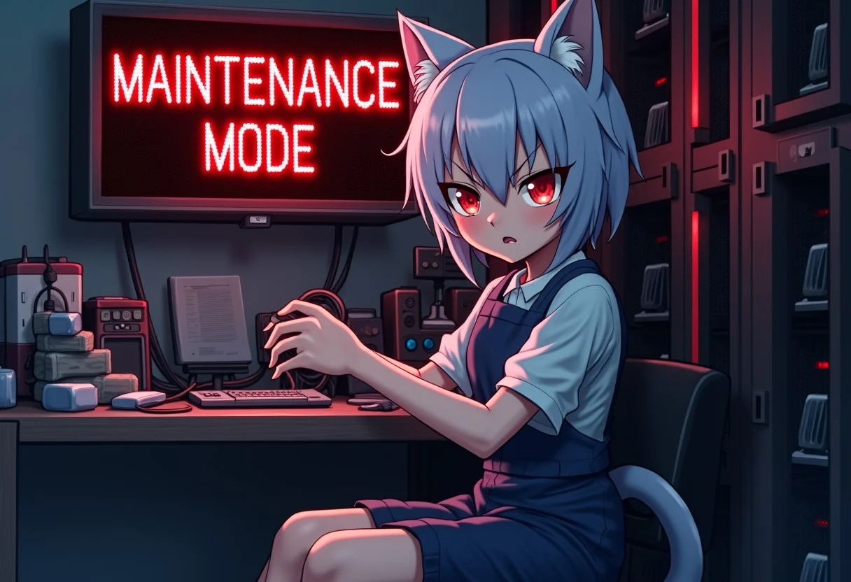 An angry anime catgirl mechanic pulling cables from a server rack, the room is messy, a monitor on the wall red pixel font text that says "MAINTENANCE MODE" in the center. Below that in a smaller font says "CAT-6A girl at work"