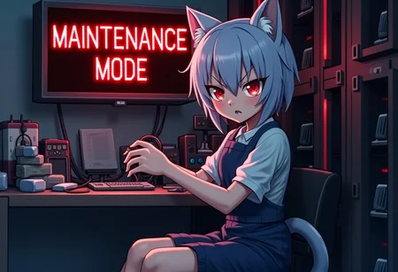 An angry anime catgirl mechanic pulling cables from a server rack, the room is messy, a monitor on the wall red pixel font text that says "MAINTENANCE MODE" in the center. Below that in a smaller font says "CAT-6A girl at work"