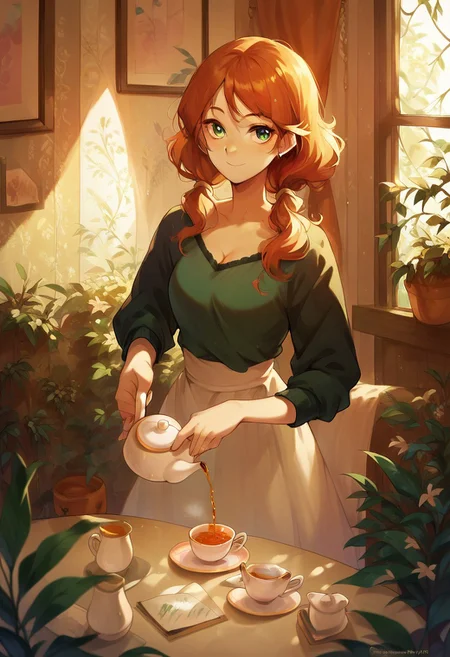 score_9, score_8_up, score_7_up, score_6_up, score_5_up, colourful, 8k, 1girl, solo, p0uring dr1nks, room, clothed female, teapot, tea cup, tea, pouring, holding, looking at viewer,