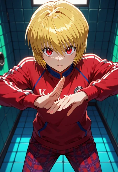 masterpiece, best quality, , , looking at viewer, depth of field, 1boy, solo, male focus, <lora:kurapika_hxh_ilxl:1>, kurapika_hxh, blonde hair, red eyes, short hair, bangs, hair between eyes, , digital sanctuary, data streams, firewall gates, code paths, interface pose, focused expression, grid lighting, Plaid golf pants, Damask Champagne Tulle Varsity sweatshirt, , , Cravat