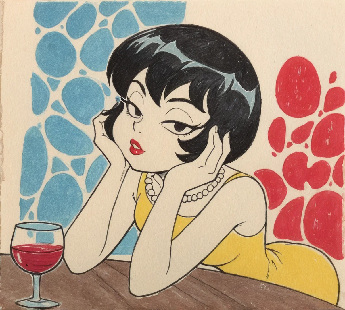 Jucika, traditional media, black eyes, black hair, short hair, flat color, solid color, colored skin, zPDXL, best quality, amazing quality, score 9, 1girl, table, wine, yellow dress, pearl necklace, hand on face, looking at viewer, half-closed eyes, heart, <lora:Jucika1:0.8>