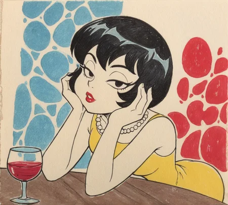 Jucika, traditional media, black eyes, black hair, short hair, flat color, solid color, colored skin, zPDXL, best quality, amazing quality, score 9, 1girl, table, wine, yellow dress, pearl necklace, hand on face, looking at viewer, half-closed eyes, heart, <lora:Jucika1:0.8>