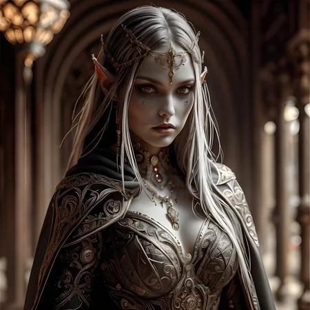 RAW photo, (masterpiece:1.3), subsurface scattering, heavy shadow, (high quality:1.4), (intricate, high detail:1.2), professional photography, HDR, High Dynamic Range, realistic, ultra realistic, photorealistic, high resolution, film photography, ambient lighting, atmospheric effects, <lora:detail_slider_v4:2>, OverallDetail, a female drow sorceress, dark makeup, intricate dress, jewelry, cape, circlet, <lora:Drow:1>, epiCPhoto