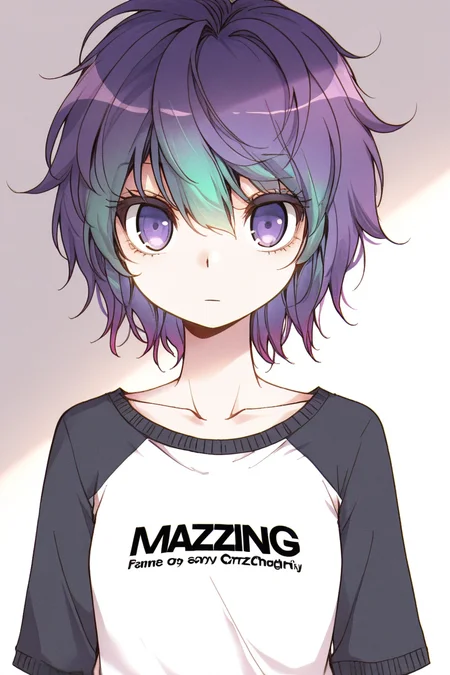masterpiece, best quality, amazing quality,
<lora:CrzNghbr_IL:1> crznghbr, solo, raglan sleeves, 1girl, purple eyes, short hair, upper body, shirt, looking at viewer, purple hair, multicolored hair, closed mouth, collarbone, clothes writing, expressionless