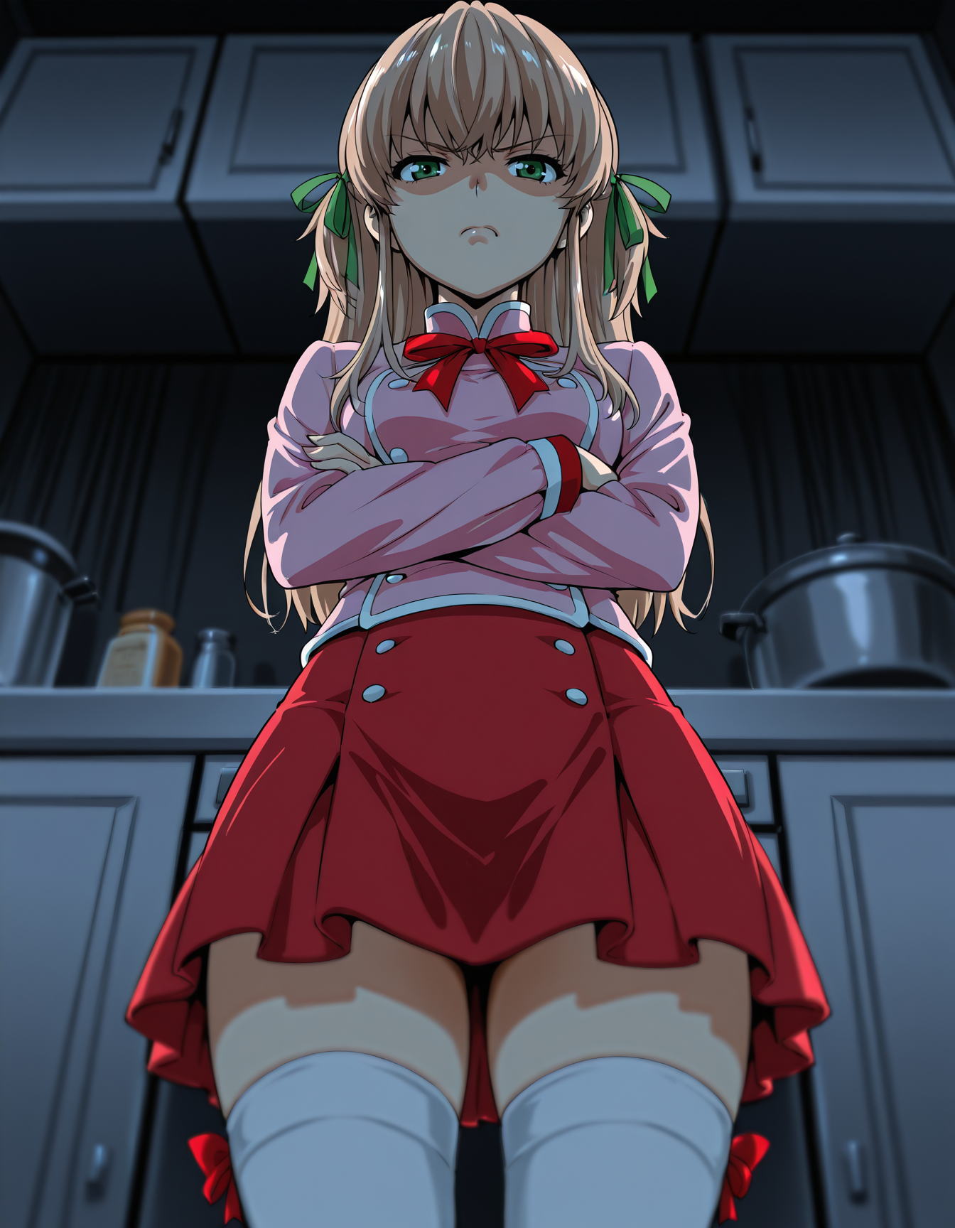 <lora:tsukino-yakitate-illustrious-000010:0.8> azusagawa tsukino, hair ribbon, (red neckwear:0.8), patissier, pink shirt, skirt, (red skirt:0.8), thighhighs, annoyed, from below, crossed arms, dark, kitchen, depth of field