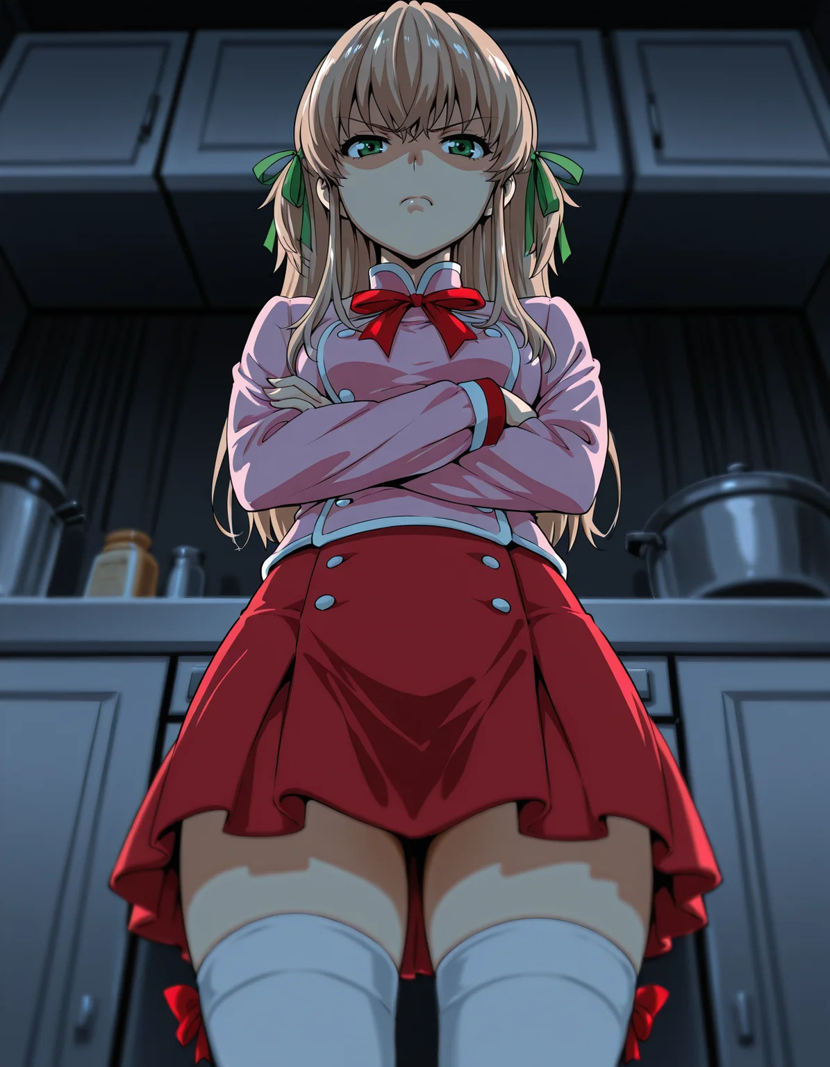 <lora:tsukino-yakitate-illustrious-000010:0.8> azusagawa tsukino, hair ribbon, (red neckwear:0.8), patissier, pink shirt, skirt, (red skirt:0.8), thighhighs, annoyed, from below, crossed arms, dark, kitchen, depth of field