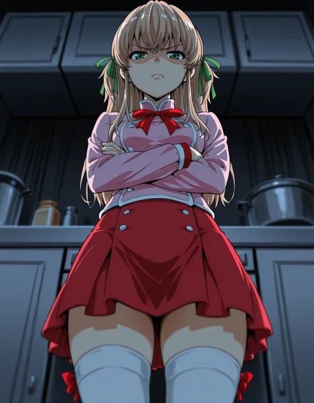 <lora:tsukino-yakitate-illustrious-000010:0.8> azusagawa tsukino, hair ribbon, (red neckwear:0.8), patissier, pink shirt, skirt, (red skirt:0.8), thighhighs, annoyed, from below, crossed arms, dark, kitchen, depth of field
