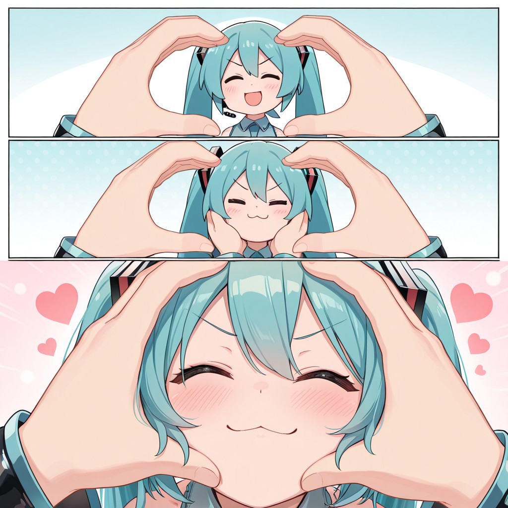 masterpiece, best quality,
snootchallenge, 3koma, comic,
1girl, 1other,
hatsune miku,
blush, smile, :3, open mouth, closed mouth, closed eyes, v-shaped eyebrows,
pov, pov hands, heart hands, hands on another's face, hands on another's cheeks, out of frame,
heart,