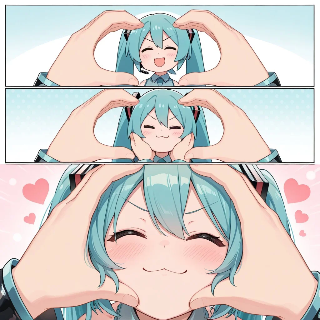 masterpiece, best quality,
snootchallenge, 3koma, comic,
1girl, 1other,
hatsune miku,
blush, smile, :3, open mouth, closed mouth, closed eyes, v-shaped eyebrows,
pov, pov hands, heart hands, hands on another's face, hands on another's cheeks, out of frame,
heart,
