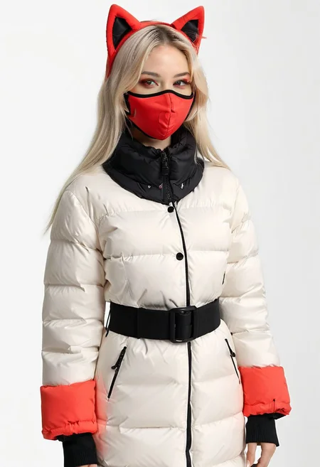 ((((padded down coat)))), ((((padded puffer coat)))), ((((padded winter clothes)))), ((((very cold)))), ((((puffer hood up)))), ((((full body)))), beautiful, masterpiece, 1girl, mature female, (((white long hair))), (((red eyes))), cat ears, large breasts, gloves, chest harness, (((half face mask))), army, Red digital camouflage, steam, cyberpunk, city, neon lights, pressure squeezing cuffs, pressure squeezing collar, (Thick padded cuffs:1.4), (Thick padded collar:1.4), <lora:Collar-SDXL:0.75>, <lora:Cuffs-SDXL:0.75>, <lora:fashion_lora:0.6>
