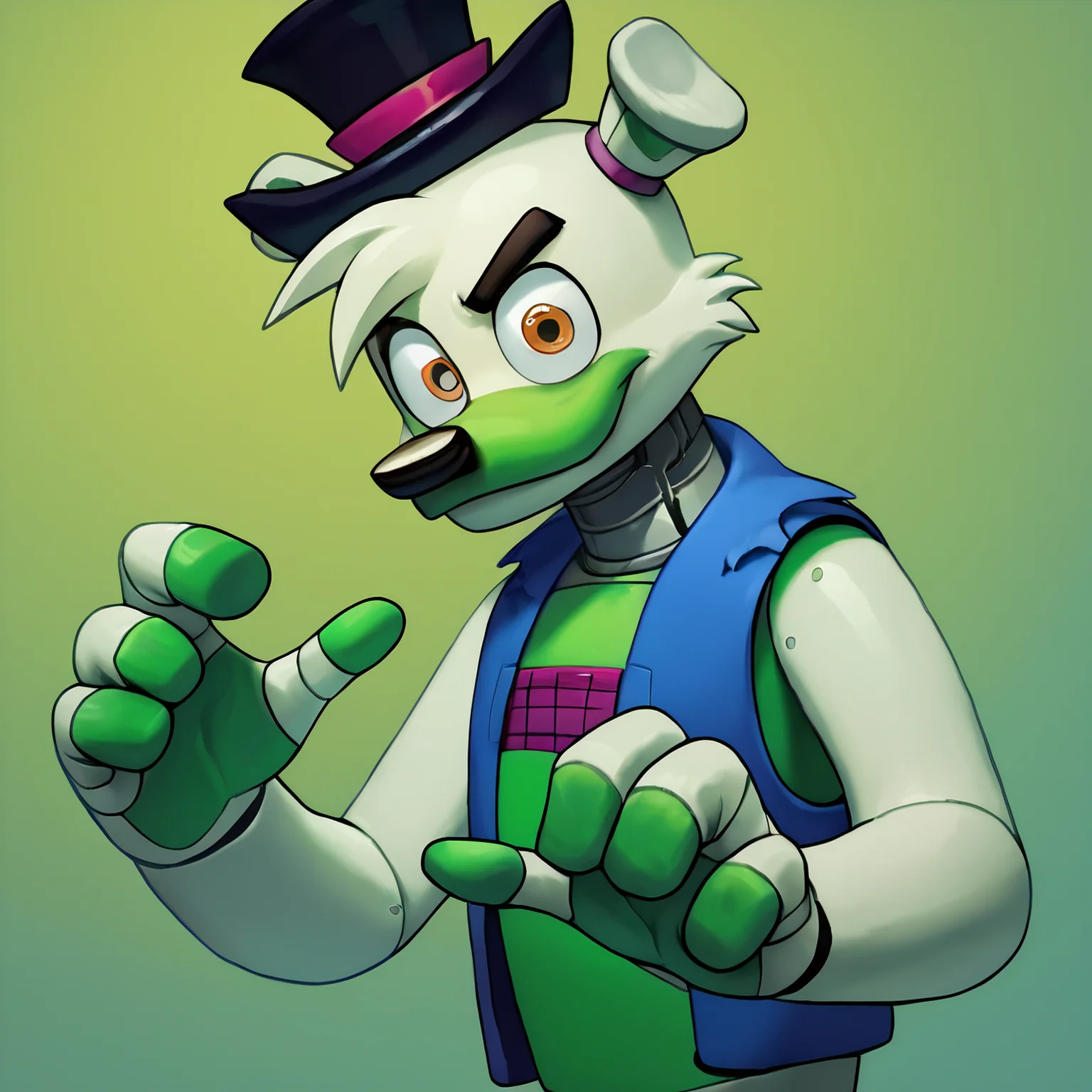 <lora:saucebear_ponyxl-10v1.2:1.6> score_9_up, score_8_up, score_7_up, source_furry, source_cartoon, outside, saucebear, bear ears, large canines, perfect canines, sabertooth, deep blue mini top hat, orange eyes, detailed eyes, green phalanges, three green fingers, ((three green fingers)), greenish-white body:1.2, (green color front, gray neck, metallic neck:1.5), wearing blue vest, loose vest, thin neck, solo, (looking at viewer), handsome face, handsome pose, perfect body, (perfect hands, detailed hands, toony hands), toony body, zPDXL2, detailed hat, male focus, nice background, (flat chest), fluffy head:0.8,
<lora:big_eyes_v1:1.0> EyeDetail-SDXL <lora:zy_Detailed_Backgrounds_v1:0.3>