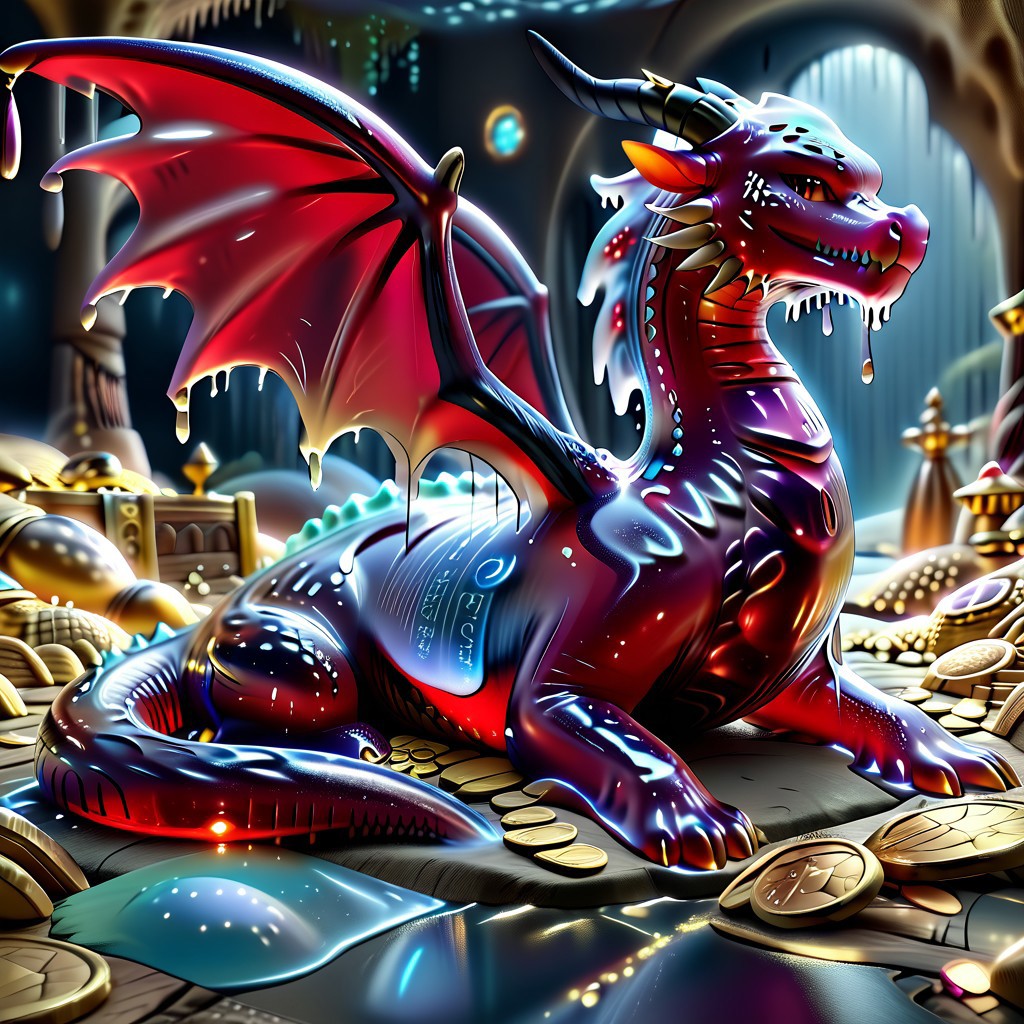 1dragon, highly detailed black  dragon, black dragon made out of slime, scaly black slime dragon, slime dragon with red eyes, black slime dragon laying in its hoard, black slime dragon with wings, dragon wings, detailed claws, detailed feet, detailed tail,
multi-colored gems made out of slime, in a room of treasure made out of slime, tiny gold coins and bars made out of slime, piles of tiny coins, piles of tiny gold slime coins, piles of gold slime, tiny gold slime coins, only tiny coins, translucent slime coins, 
treasure-room, treasure, gemstone, coins, gold bars, gold pile, 
everything made of slime, No simple background,
((translucent slime)), ((transparent slime)), (bioluminescent slime), sl1m3, slime, ais-blmn, watce, je11y, thickwater, great lighting, ral-lava, even lighting, no bright spots, saturated colors,