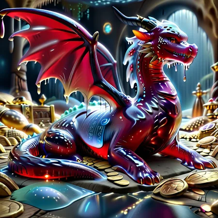 1dragon, highly detailed black dragon, black dragon made out of slime, scaly black slime dragon, slime dragon with red eyes, black slime dragon laying in its hoard, black slime dragon with wings, dragon wings, detailed claws, detailed feet, detailed tail,
multi-colored gems made out of slime, in a room of treasure made out of slime, tiny gold coins and bars made out of slime, piles of tiny coins, piles of tiny gold slime coins, piles of gold slime, tiny gold slime coins, only tiny coins, translucent slime coins,
treasure-room, treasure, gemstone, coins, gold bars, gold pile,
everything made of slime, No simple background,
((translucent slime)), ((transparent slime)), (bioluminescent slime), sl1m3, slime, ais-blmn, watce, je11y, thickwater, great lighting, ral-lava, even lighting, no bright spots, saturated colors,