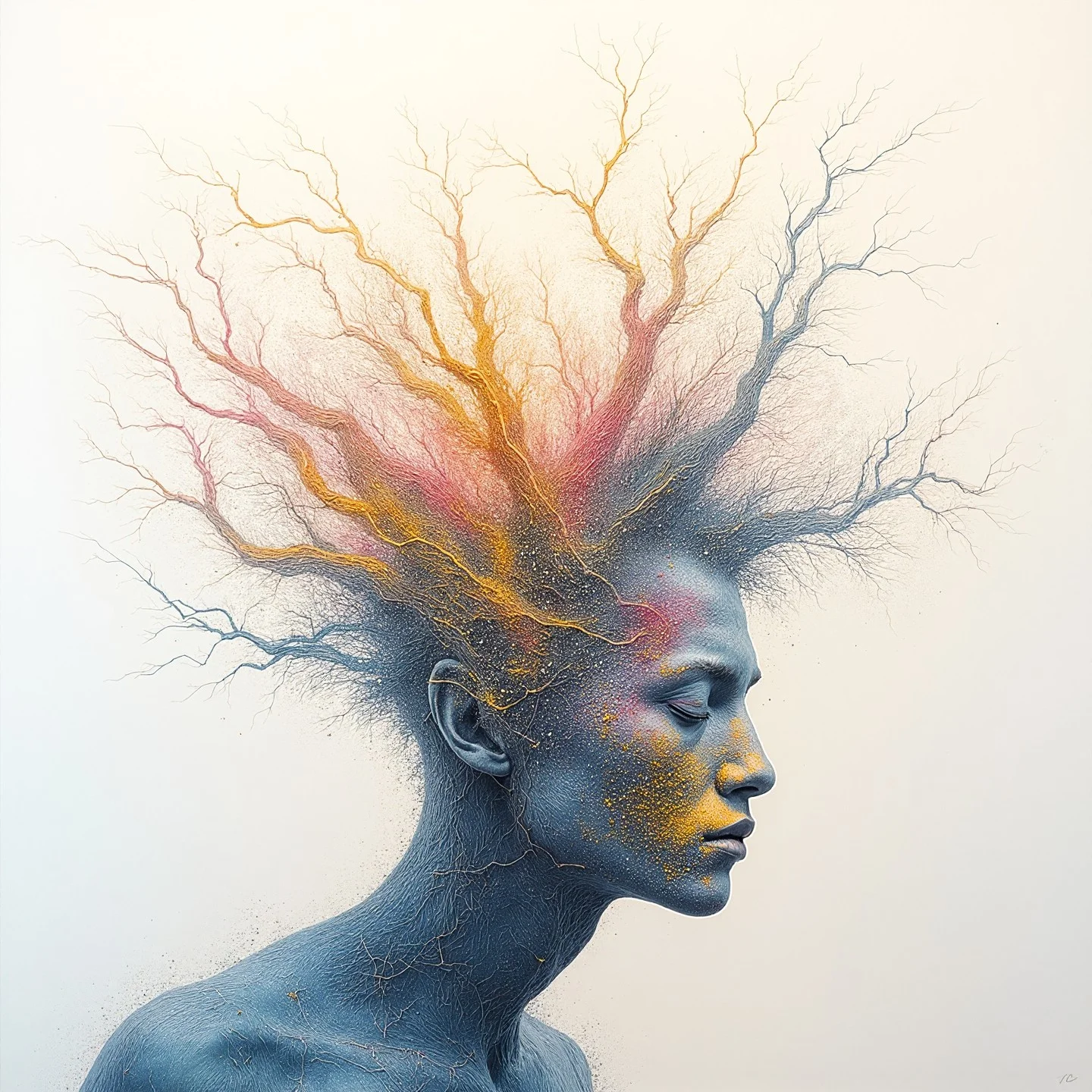 <lora:Florate Flux_v2_epoch_3:0.9> A surrealist painting of slate blue and magenta plain organic exploding gold man, with many branching structures on a pale background