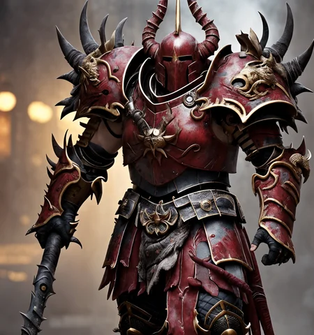 RAW photo, (masterpiece:1.3), subsurface scattering, heavy shadow, (high quality:1.4), (intricate, high detail:1.2), professional photography, HDR, High Dynamic Range, realistic, ultra realistic, photorealistic, high resolution, film photography, ambient lighting, atmospheric effects, <lora:detail_slider_v4:2>, OverallDetail, a chaos warrior of Khorne, wearing heavy red plate armor, SerCa, <lora:ServantsOfChaos-10:0.8>, epiCPhoto