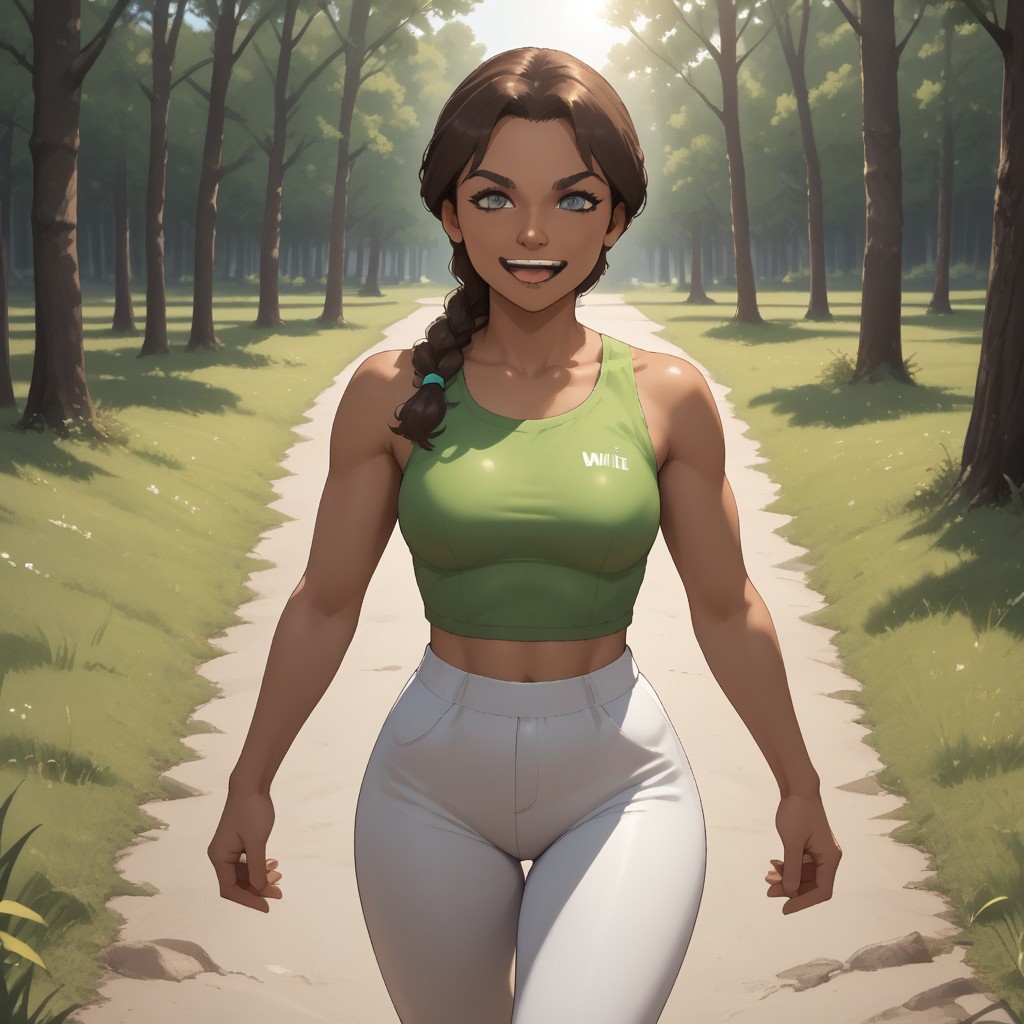 score_9, score_8, BREAK, solo, wii, mii, wii sports, brown hair, black eyebrows, gray eyes, open mouth, light green clothing, white pants, shoes, nintendo mii, modern_mii, classic_mii, breasts, Hayley_(Wii_Sports), dark skin, sexy pose, smile, outdoors, sunlight, shadows, evening lighting, natural lighting, forest, trees, grass, orange sky, sunset