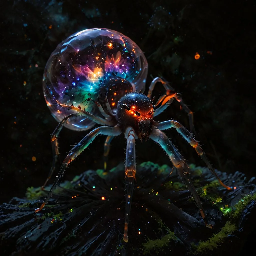 macro, fill the frame, from the side, photorealism, extremely detailed, best quality,
A neon glass crystal spider, hairless, 8legs, glowing internally with a multicolored florescent galaxy of stars, swirls of light shine within, large bulbous abdomen, abdomen focus,
on a mossy log, dark background,
zavy-flrscnc,