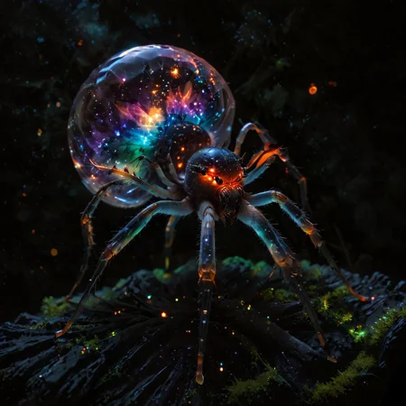 macro, fill the frame, from the side, photorealism, extremely detailed, best quality,
A neon glass crystal spider, hairless, 8legs, glowing internally with a multicolored florescent galaxy of stars, swirls of light shine within, large bulbous abdomen, abdomen focus,
on a mossy log, dark background,
zavy-flrscnc,
