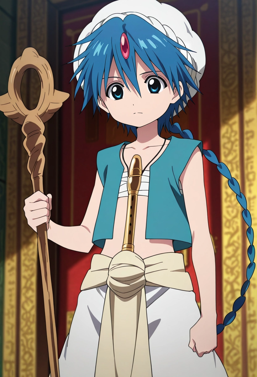 masterpiece, best quality, intricate details, anime screencap, anime coloring, official style, , 1boy, solo, male focus, <lora:aladdin_magi_ilxl:0.96>, aladdin_magi, blue hair, blue eyes, long hair, braid, single braid, turban, , , , instrument, staff, , ,