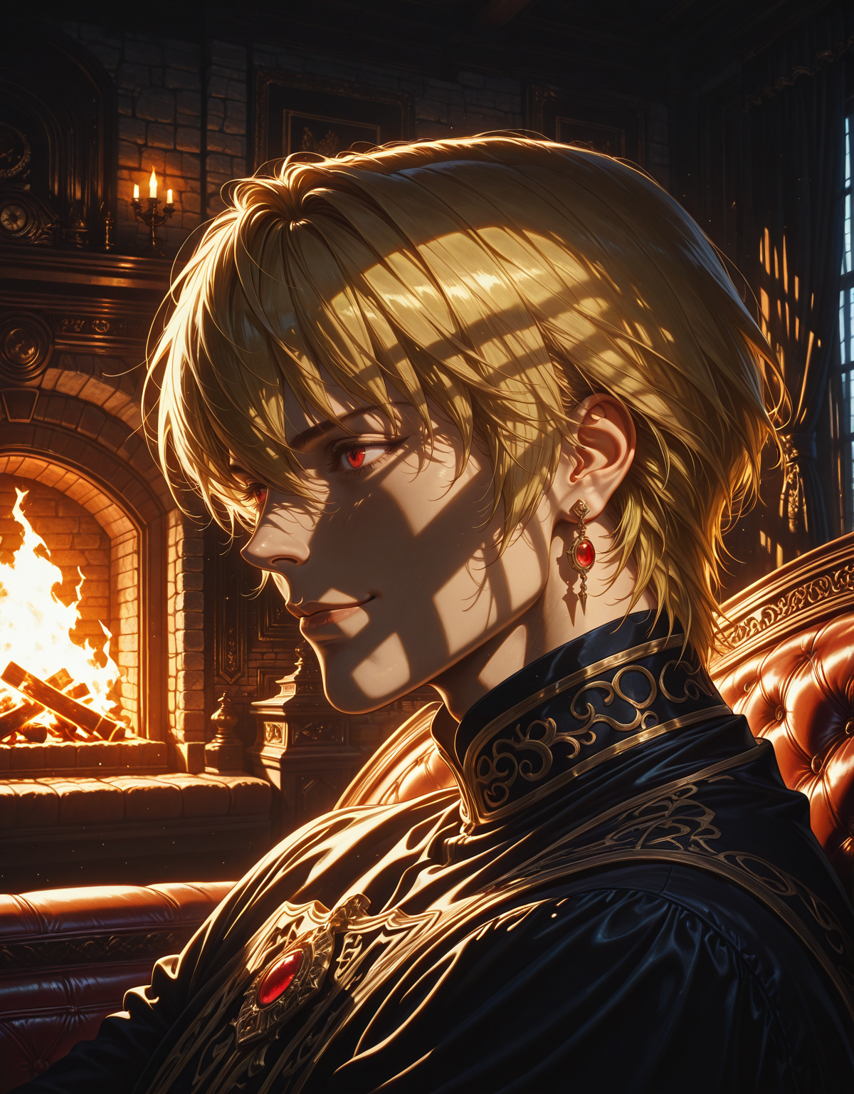score_9,score_8_up,score_7_up,
(((solo))), (((1boy))), 
(((close up))), (((portrait:2.0))), (side view), (side profile), 
<lora:kurapika_hxh_ilxl:0.92>, kurapika_hxh, blonde hair, red eyes, short hair, bangs, hair between eyes, muscular, black eyeliner, single earring, 
wearing black tabard, black shirt,
sitting, on couch, 
Expressiveh, <lora:Expressive_H:0.8>,  (closed mouth), (smile),
(dynamic angle:1.3), 
(indoors), old house, old stone wall, old wooden floor, old living room, old fireplace, couch, sofa, armchair, library, black velvet curtains, 
sunday, 
best quality, high resolution, distinct image, Cinematic light, intricate_detail, highres, official art, high-resolution illustration, 8k, Dynamic Range, tonemapping, crisp details, extremely detailed CG unity 8k wallpaper, deviantart hd, artstation hd, concept art, award-winning photography, margins,backlight, 12k, ray tracing, cinematic lighting, art by Grzegorz Rutkowski, 
<lora:Dramatic Lighting Slider:4.85>, chiaroscuro, <lora:ponyxl\cfg_scale_boost:0.8>, <lora:iLLMythG0thicL1nes:0.2>, G0thicL1nes, <lora:add-detail-xl:0.4>, aidmaMJ6.1 <lora:aidmaMJ6.1_v0.5_IL:0.4>, <lora:TOLuCTIllustriousXL_byKonan:0.3>, <lora:HyperdetailedColoredPencilIl:0.4> ArsMJStyle, Colored pencil hyperdetailed realism, <lora:Marvel_Ilu:0.25>, marvelrivals, <lora:SexyWaifuLicious:0.2>, <lora:Ethereal_Noire:0.2> <lora:MatteSkin_Illustrious_v4:0.9>