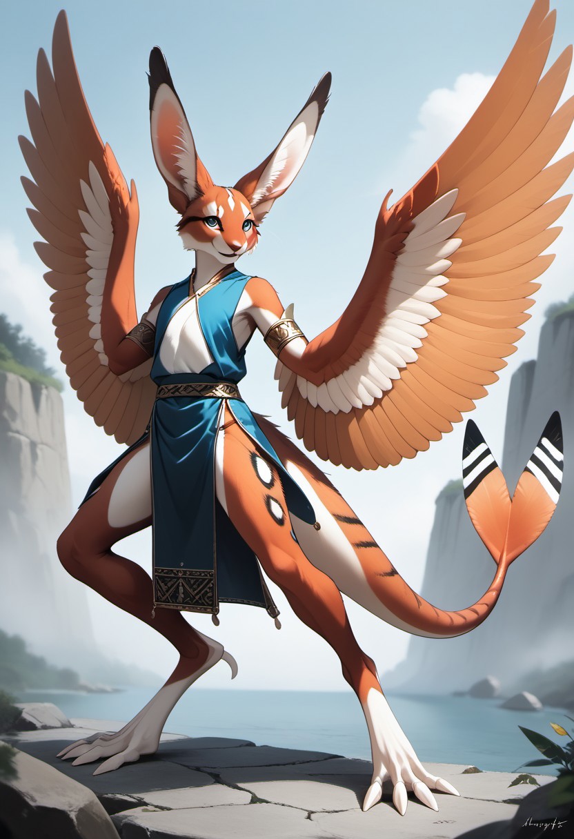 1person, Palagiri, anthro, feline features, feline nose, large ears, ((wings)), ((armless)), perfect wings,
3/4 view, perfect wings, ((prehensile toes, long toes)), ((feathers-tipped tail, fanned tail-tip, tapering-tip tail)),
digitigrade legs, pelvic curtain tunic,
Source: anime, score: 9, score: 8up,