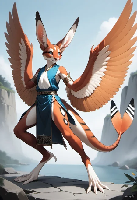1person, Palagiri, anthro, feline features, feline nose, large ears, ((wings)), ((armless)), perfect wings,
3/4 view, perfect wings, ((prehensile toes, long toes)), ((feathers-tipped tail, fanned tail-tip, tapering-tip tail)),
digitigrade legs, pelvic curtain tunic,
Source: anime, score: 9, score: 8up,