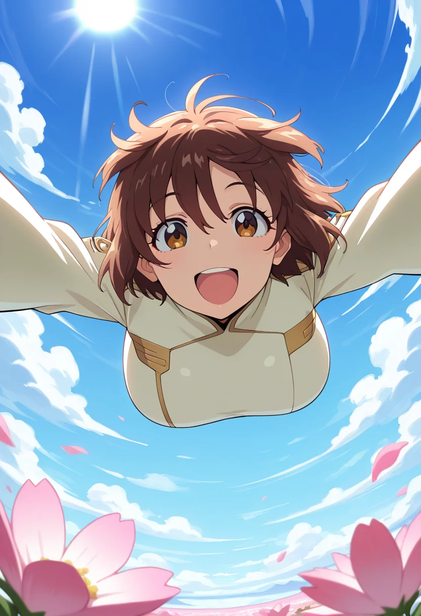 masterpiece, best quality, amazing quality, very aesthetic, absurdres, newest, illustration, perfect composition, intricate details, highres, anime coloring, general, 1girl, solo, tamakiww, brown eyes, brown hair, short hair, hair between eyes, large breasts, white military uniform, long sleeves, <lora:Irie_Tamaki_Majestic_Prince_ill:1>, flying, midair, dynamic pose, hugging pose, spread arms, reaching out, flying towards viewer, looking at viewer, smile, open mouth, excited, cheerful, perspective, foreshortening, motion blur, outdoors, day, sun, blue sky, cloud, flower, shiny body, shiny skin, skindentation, clear skin, shiny hair, ultra detailed eyes, depth of field, sharp, intricate details, hyperdetailed, ultra-detailed, detailed clothing folds, high contrast, dynamic light