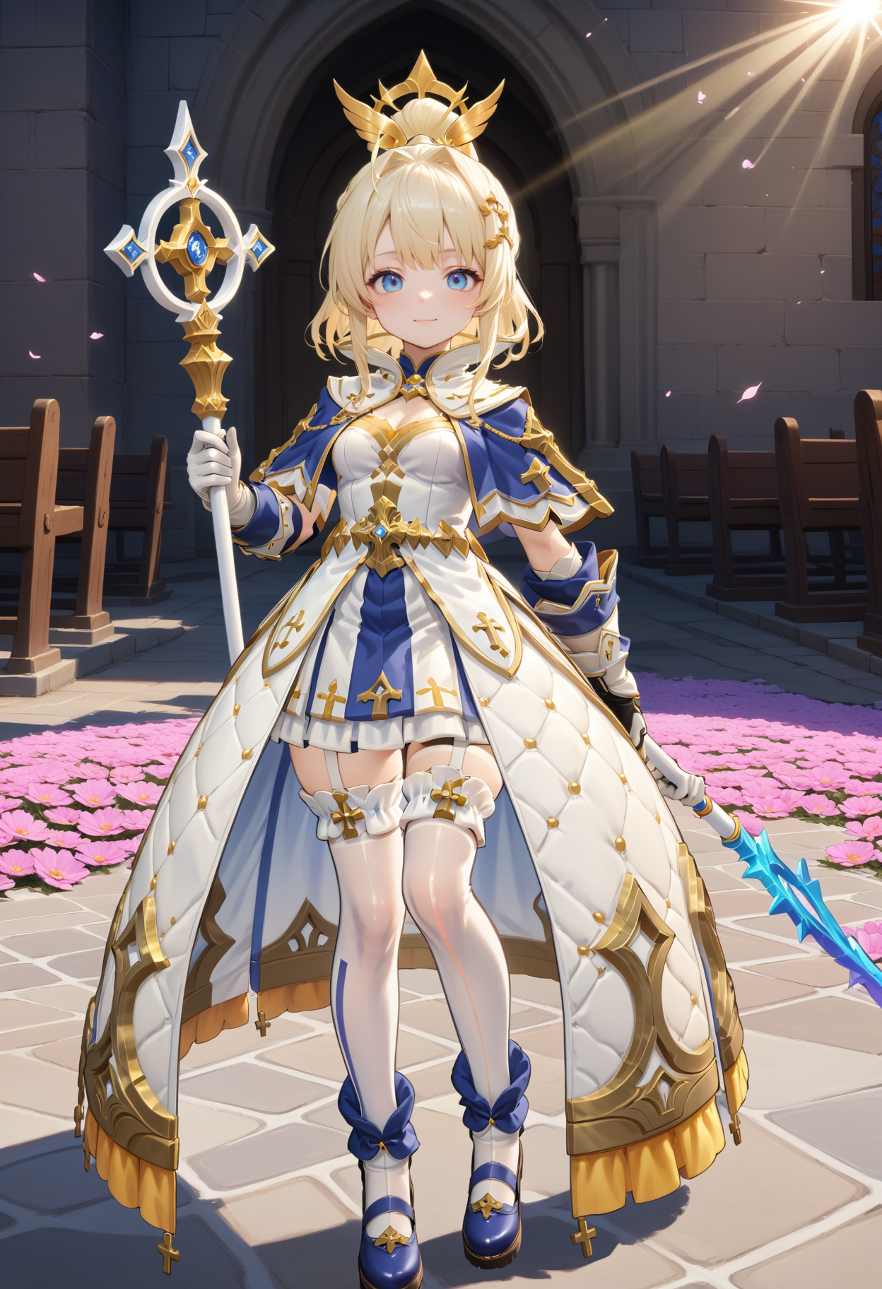 masterpiece, best quality, very aesthetic, absurdres, rom_saint_xl,
1girl, blonde hair, ponytail, hair ornament, blue eyes, light smile,
standing, full body, looking at viewer, holding staff, outdoors, church, flower field, sunrise, falling petals, light rays, tyndall effect, vivid colors, tranquil and magical atmosphere,
shiny skin, beautiful face, beautiful eyes, extreme detailed, official art, professional illustration, hires,
<lora:rom_saint_pony_xl:1>, <lora:aesthetic_anime_v1s:0.5>, <lora:add_details_xl:0.5>