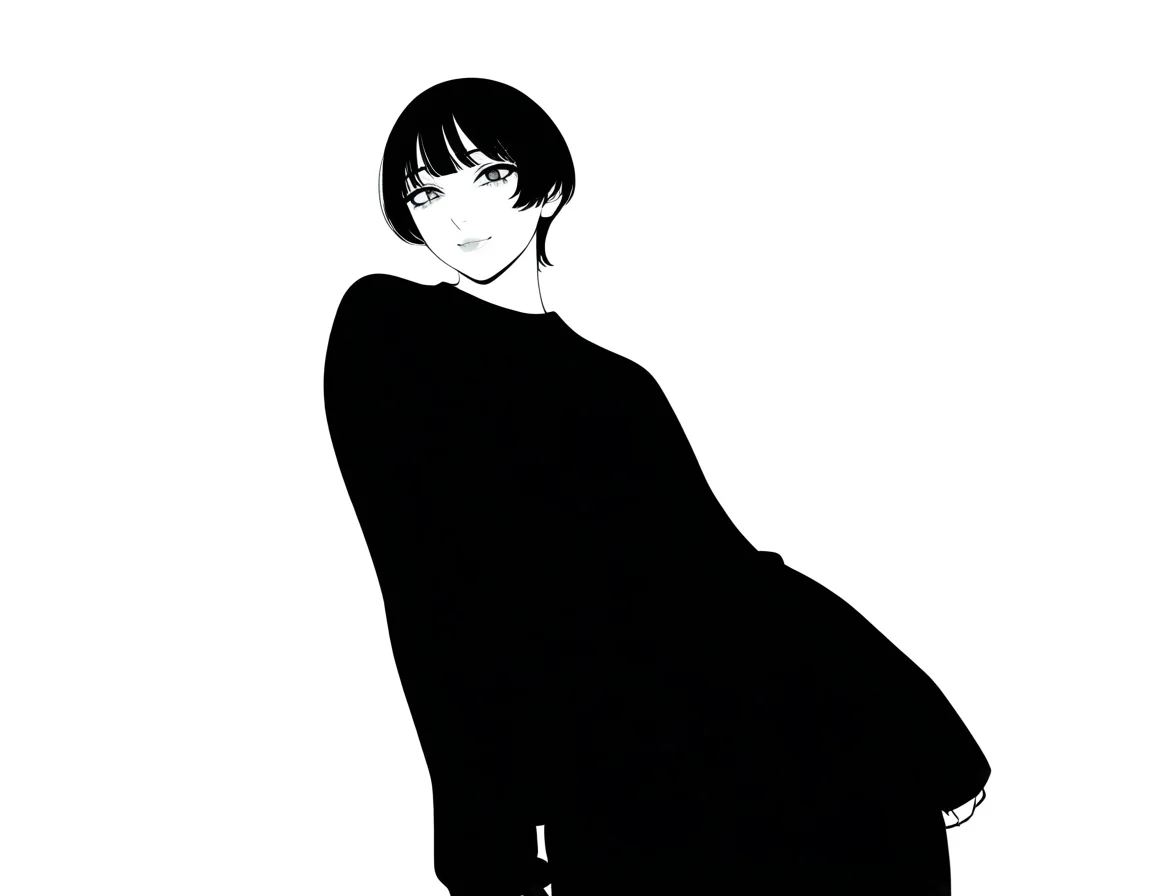 1girl, standing, leaning, monochrome, simple-background, masterpiece, best quality, newest, absurdres, highres