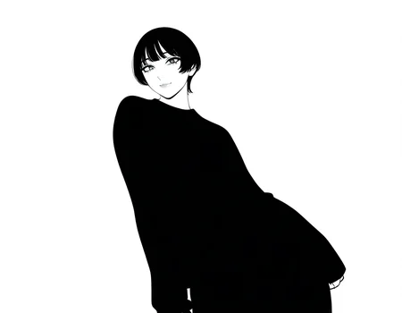 1girl, standing, leaning, monochrome, simple-background, masterpiece, best quality, newest, absurdres, highres