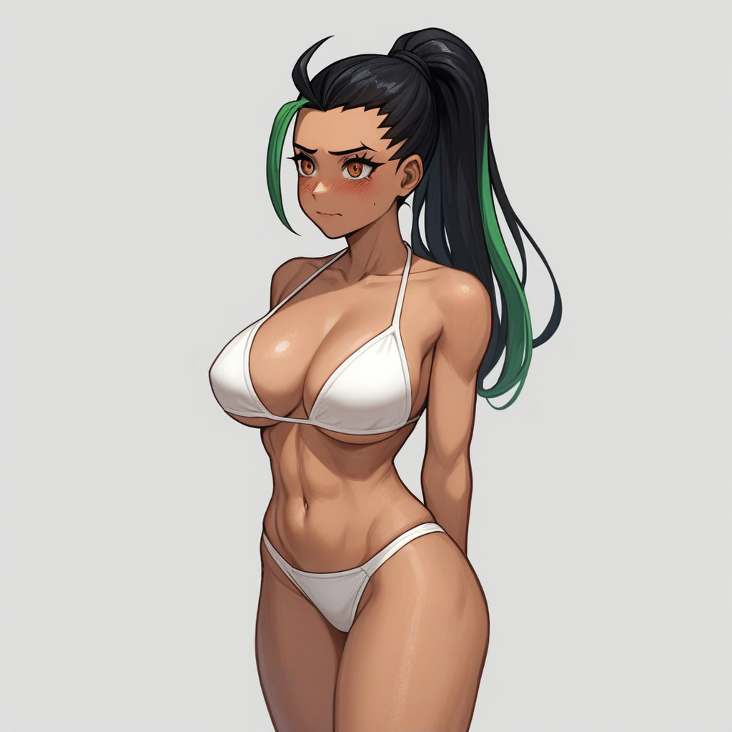 score_9, score_8_up, score_7_up, source_anime, expressive, anime, (4k4bur5tyl3:1.2), Artist speedlines, dynamic, 1girl, (nemona), streaked hair, ponytail, orange eyes, milf, aged up, curvy, fit, dark skin, (white bikini), large breasts, skinny, thick thighs, navel, standing, shy, blush, blushing, embarrassed, sensual, horny, longing, looking at viewer, source_hentai, simple background