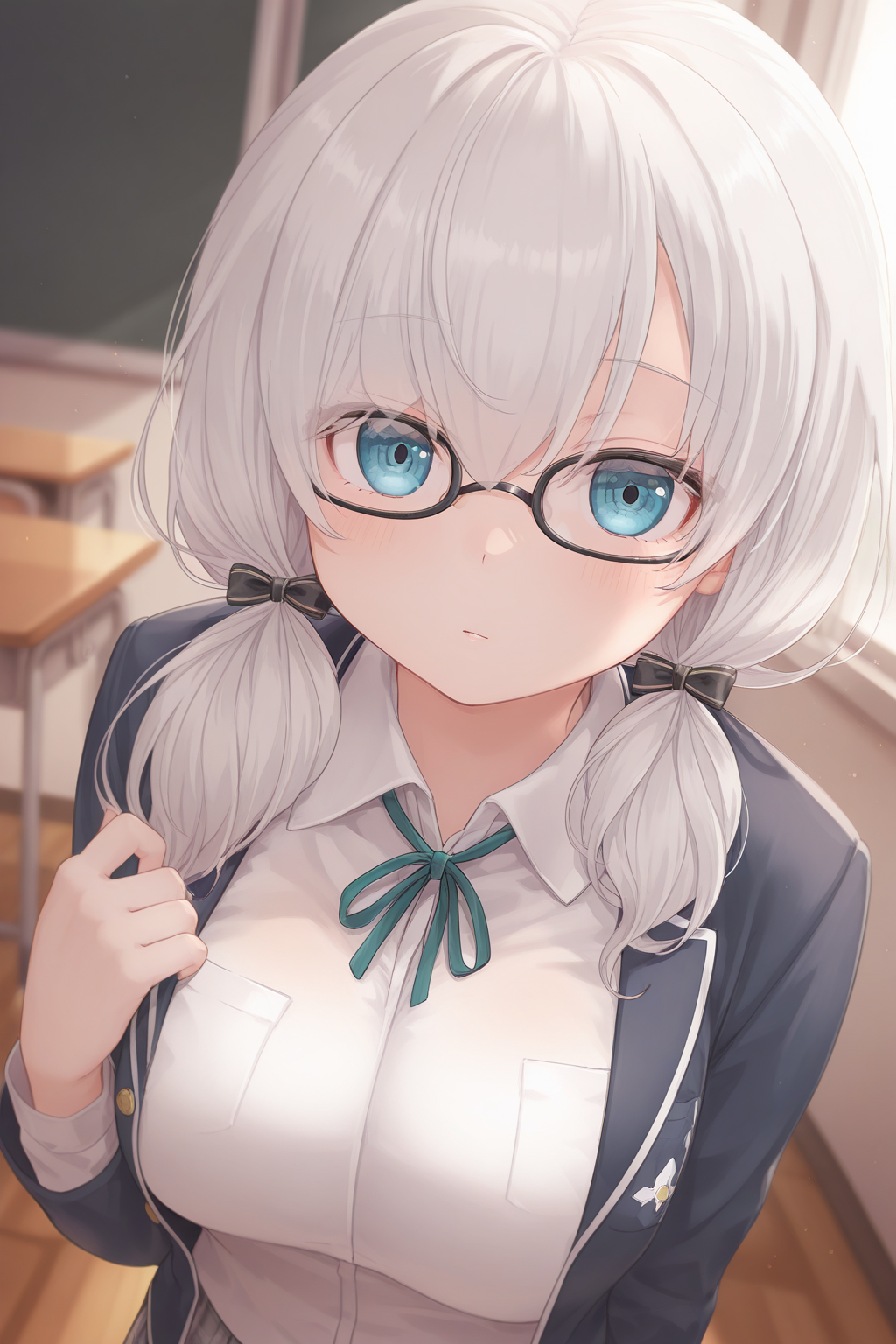 1girl, AA4thHairstyle, AA4thCostume,
general, solo, perspective, dynamic angle, upper body,
short hair, grey hair, low twintails,
blue eyes, eyelashes, large breasts,
black-framed eyewear, hair bow,
school uniform, blue jacket,
green bowtie, white shirt, plaid skirt,
classroom,
depth of field,
<lora:kp_ArsAlmalNijisanjiIllustrious_v1_1:1.0>,
masterpiece, best quality, amazing quality
