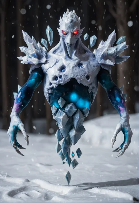 <lora:Ancient_Apparition_V1:1>ancient_apparition_v1, 1boy
no humans, pokemon (creature), monster,
ice, crystal, glowing, floating,
glowing eyes, red eyes, blank eyes, white eyes,
spikes, claws,
colored skin,, score_9, score_8_up, score_7_up, score_6_up, derpibooru_p_95,
detailed eyes, beautiful, detailed background, perfect eyes,
blur censor, blurry, blurry background, blurry foreground, bokeh, motion blur,
chromatic aberration, depth of field, figure, focused, focus
photography, realistic sun light and shadows, photorealism, UHD --ar 9:16 --style raw --stylize 700,
solo,
winter, snow, snowing, glowing snowflakes, night, dark,, The scene is dynamic and filled with motion,