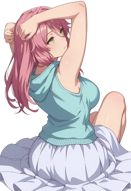 Smooth Quality,masterpiece,very intricate, high quality details, ultra realistic, high detailed skin,detailed enviorement,absurdres,
simple background, white background,
from behind,reclining, arms folded behind head, one knee bent, looking up, peaceful mood, ,disdain,
vest, ,zip-up hoodie, ,circle skirt, ,
<lora:Jioral_Flare_Arlgrande_cnn:0.8>flarecnn,1girl, long hair, hair between eyes,green eyes, pink hair, large breasts,