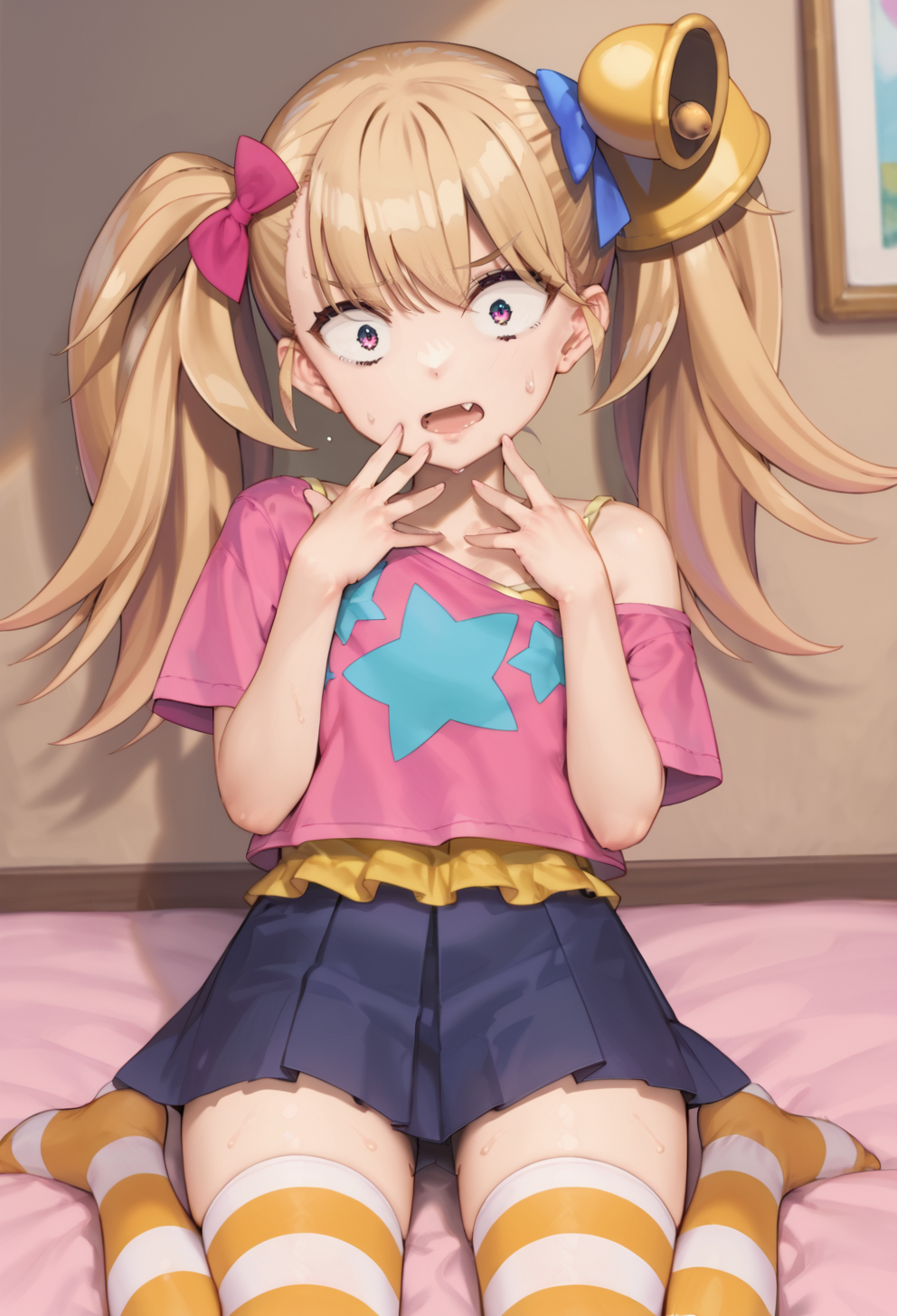 score_9, score_8_up, score_7_up, source_anime, 1girl,  solo, solo focus,  safe focus, dutch angle,
msgk_ririn_chan,  short, short stature,
fang, twintails, hair bow,   hair ornament, bell,
, off shoulder, layered pink t-shirt over camisole, blue star print, star \(symbol\),
, black pleated miniskirt
, zettai ryouiki
, striped thighhighs,
<lora:Msgk-Ririn-chan-Pony-v2-rev2_1-000019:0.9>
surprised, wide-eyed, shouting,  hands on own mouth,sweat,  leaning back,