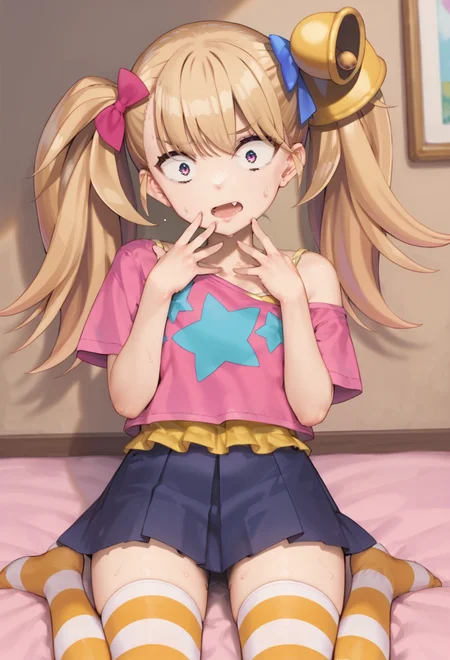 score_9, score_8_up, score_7_up, source_anime, 1girl, solo, solo focus, safe focus, dutch angle,
msgk_ririn_chan, short, short stature,
fang, twintails, hair bow, hair ornament, bell,
, off shoulder, layered pink t-shirt over camisole, blue star print, star \(symbol\),
, black pleated miniskirt
, zettai ryouiki
, striped thighhighs,
<lora:Msgk-Ririn-chan-Pony-v2-rev2_1-000019:0.9>
surprised, wide-eyed, shouting, hands on own mouth,sweat, leaning back,