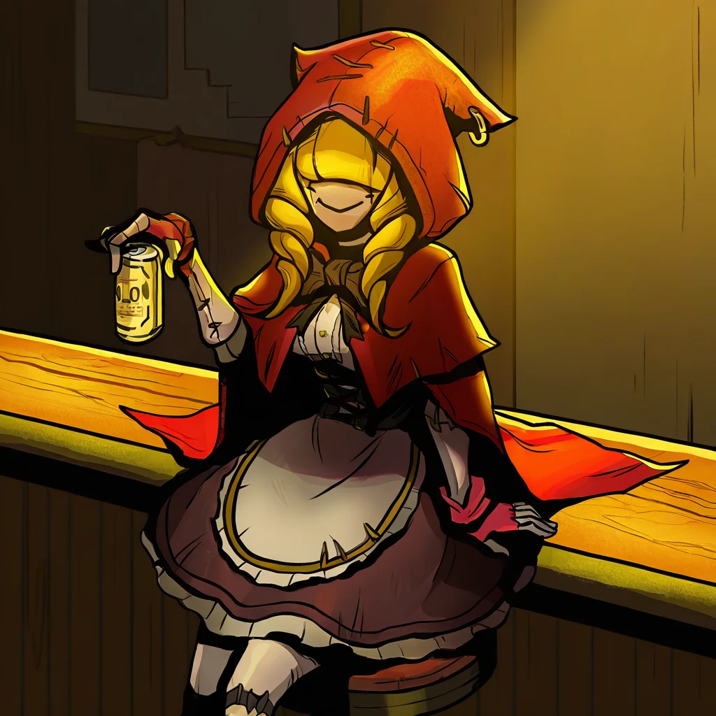 highres, best quality, masterpiece, very aesthetic, newest, <lora:ChaperomonIllustrious-000009:1>,1girl,solo,chaperomon,red hood,ribbon,dress,cape,stitched face,blonde hair, cowboy shot,arcane league of legends,indoors,saloon,bar stools,sitting on bar stool,holding beer can,drinking