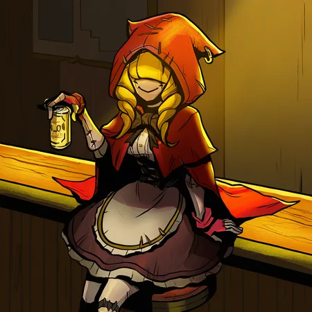 highres, best quality, masterpiece, very aesthetic, newest, <lora:ChaperomonIllustrious-000009:1>,1girl,solo,chaperomon,red hood,ribbon,dress,cape,stitched face,blonde hair, cowboy shot,arcane league of legends,indoors,saloon,bar stools,sitting on bar stool,holding beer can,drinking